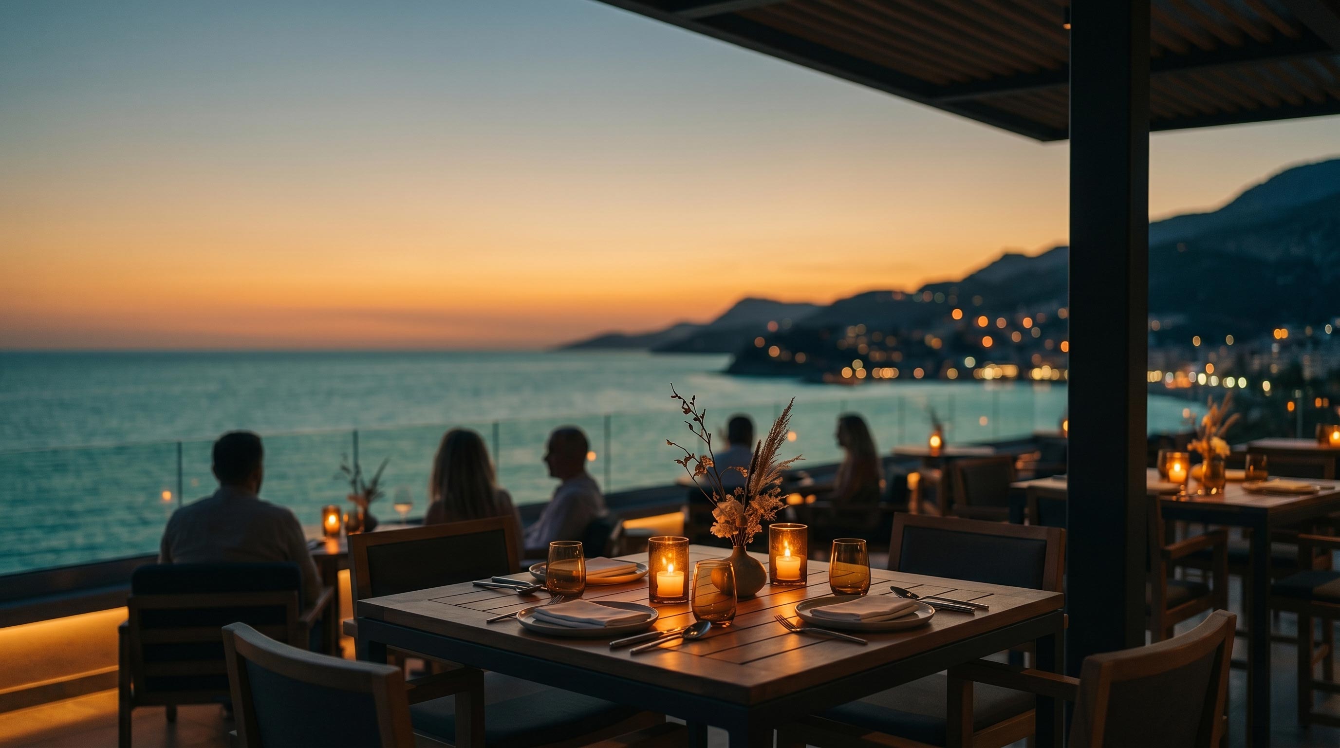 Rooftop atmosphere at UMI with panoramic sea views and warm evening light
