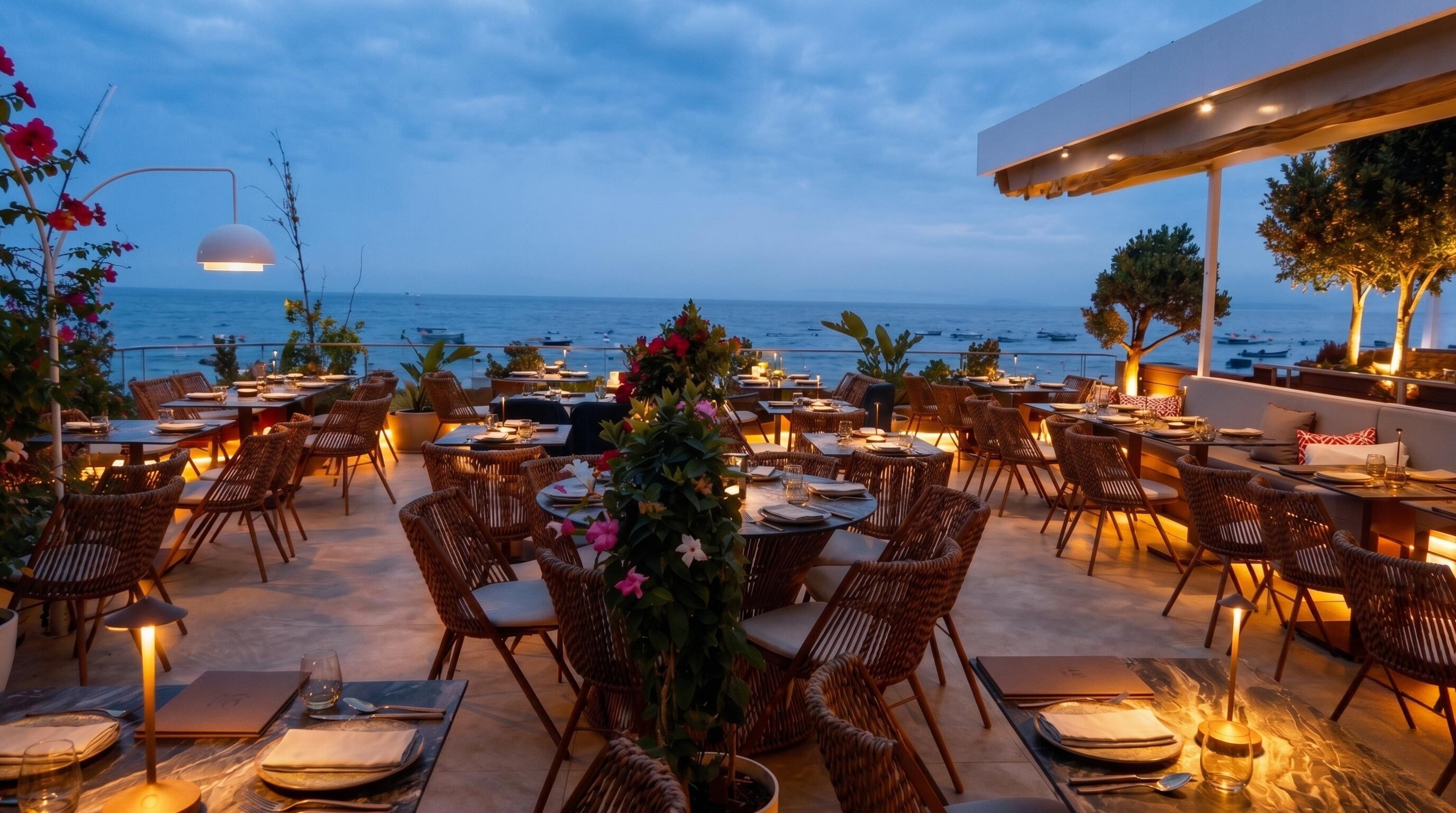 Premium rooftop dining at UMI with panoramic Ionian Sea views at sunset